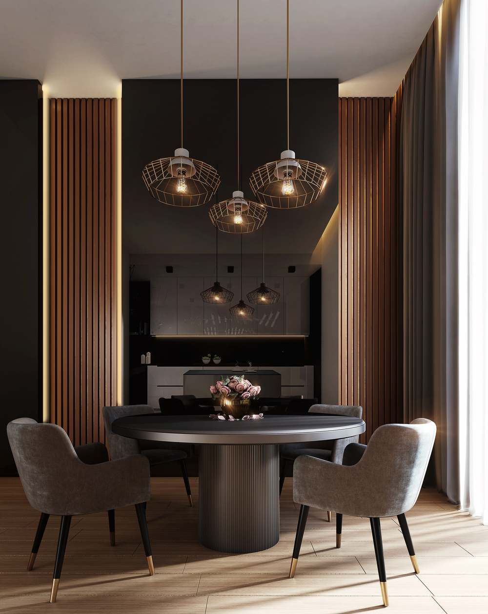 Elegant dining room with brass pendant lighting